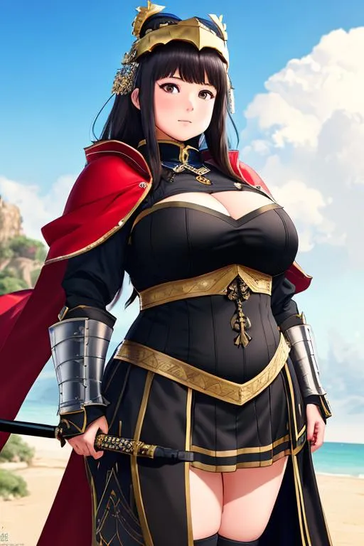 Prompt: UHD, hd , 8k, anime ,  hyper realism, Very detailed, standing, armored  cute chubby female character,  shy expression on face, she has fat thighs, big belly, chubby cheeks, she wears a knights helm over her head, with a red jacket collar around her necked, she wears a long skirt that splits down the sides and holds a sword