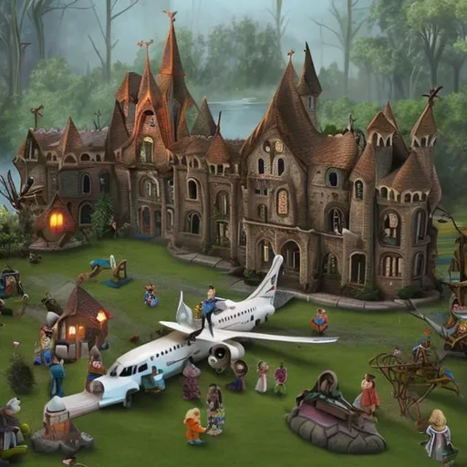 Prompt: Airplane crash into enchanted orphanage nearby a riverbank.


