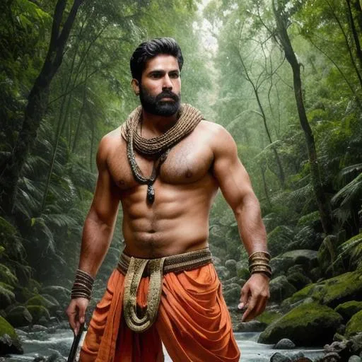 Prompt: a scene of ]dense forest at night, "a hyperreal scene of hyperreal handsome rugged warrior hunk boy", indian weapon, ""hyperreal "detailed" face"", charging at enemy, wearing snake, shawl and dhoti, sweaty hairy chest, river, depth of field, arena, perfect composition, hyperrealistic, super detailed, 8k, high quality, trending art, trending on artstation, sharp focus, studio photo, intricate details, highly detailed, by greg rutkowski