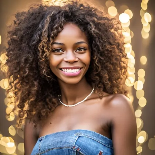 Prompt: Please create a professionally taken photograph (portrait), best quality, (8k, RAW photo, best quality, masterpiece:1.2), (realistic, photo-realistic:1.4), ultra-detailed, perfect detail. African lady, light skin, model, long curly hair, smiling, perfect white teeth, light reflections, angelic cute face, blue eyes