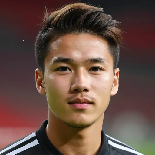 Prompt: Guy in late teens to early 20s whose father is Danish (and a smaller bit German) and whose mother is Chinese, Malaysian, and Taiwanese Filipina (he looks mixed - also called Wasian). He is a footballer for Denmark national team and club AGF (soon transferring to Newcastle United, Tottenham Hotspur, Atletico Madrid, or Borussia Dortmund) as he shown wearing all 6 shirts in photo.