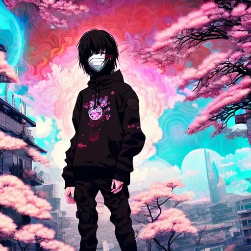 Prompt: Anime brown hair character profile wearing all black with mask, apocalypses, city, cherry blossom trees surrounding, trippy psychedelic sky   