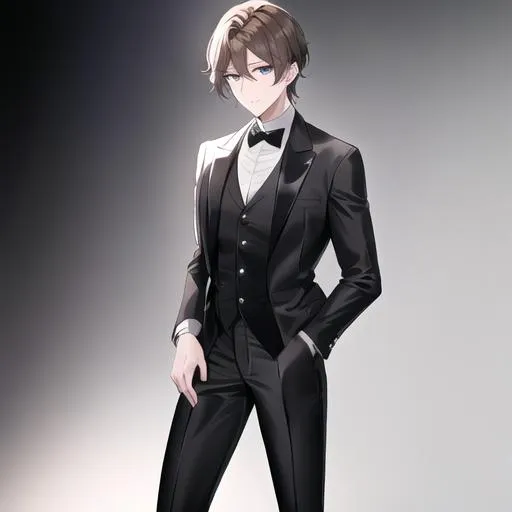 Prompt: Alex 1male. Short light brown hair. Soft and mesmerizing light grey eyes. Wearing a sleek black button-up shirt, paired with tailored black pants and shiny leather shoes. He completes the look with a stylish black vest and a classic black bow tie. UHD, 8K