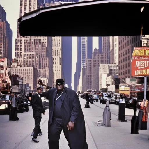 Prompt: Biggie Smalls walking down new york street, colorized