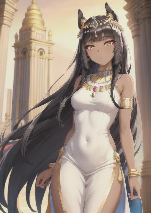 Prompt: bright pastel colors, resulting in a beautiful artwork,

majestic Cleopatra girl with dark skin black hair in a strait cut and big yellow eyes ,

Temple Architecture Backdrop background,

She wears a white dress


anime artwork with a realistic style, featuring detailed textures, lifelike shading, and accurate proportions,
 

16k, UHD, HDR10, 16K, ((Masterpiece)) , Absurdres,