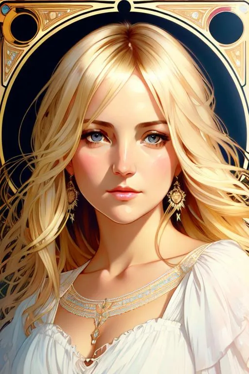 Prompt: Upper body portrait of Cute girl,  Kate Hudson, blonde hair, white sundress, intricate, detailed face. by Ilya Kuvshinov and Alphonse Mucha. Dreamy, sparkles