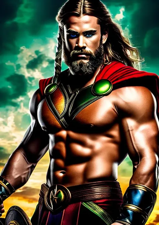 Prompt: High-resolution hyperrealistic photo of marvel's demigod {hercules} merged with thor, green and red and gold and blue costume, uhd, hdr, 64k