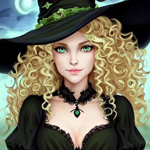 Prompt: Beautiful witch with blonde, curly hair, green eyes and a gentle demeanor