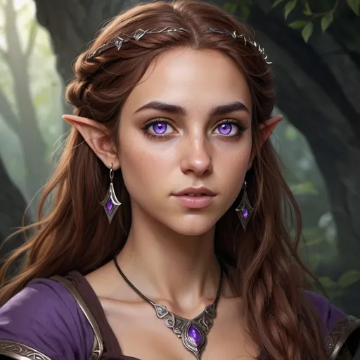 Prompt: hyper-realistic female half elf character, she has violet eyes, she has long reddish brown wavy hair, she has tanned skin, she has black eye brows and eye lashes, She is very goddess like, fantasy character art, illustration, dnd,