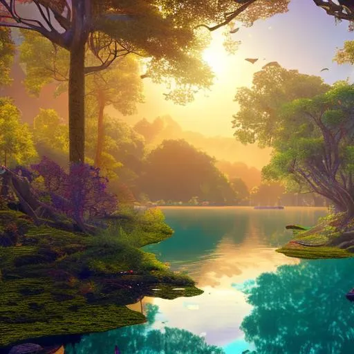Prompt: Sun made of gold over a landscape of gems, topaz lake, emerald trees, ruby, sapphire, diamond, shimmering, vibrant, detailed, photorealistic, cinematic, octane render, 4k 16:9
