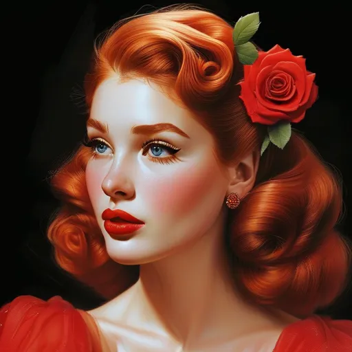 Prompt: This is a highly detailed, digital painting of a fair-skinned woman with strikingly vibrant red hair, styled in voluminous, classic 1950s curls. Her hair is adorned with three large, realistic red roses, each with delicate green leaves. She has large, expressive blue eyes accentuated with bold red eyeliner and long, thick eyelashes. Her full, red lips are perfectly shaped and slightly parted. She wears a red, puffed-sleeve dress with a low neckline, revealing her slender neck. Her right ear is decorated with a dangling, teardrop-shaped earring featuring a red gemstone encircled by a gold setting. The background is a solid, deep black, which makes her vivid red hair, roses, and dress stand out dramatically. The painting has a hyper-realistic style with meticulous attention to detail, particularly in the texture of her hair, the petals of the roses, and the smoothness of her skin. The overall composition emphasizes her elegant and timeless beauty, reminiscent of classic pin-up art. The image exudes a sense of vintage glamour and sophistication.