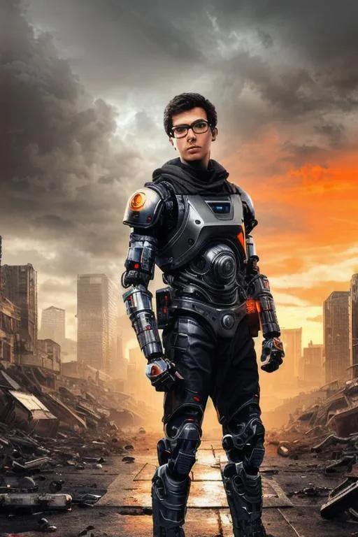 Prompt: Small skinny nerd guy, normal clothes, a really huge robotic metallic prothesis replaces his left forearm, glasses, detailed face, apocalyptic urban scenery, dark, highly detailed, professional, orange tainted cloudy sky, realistic