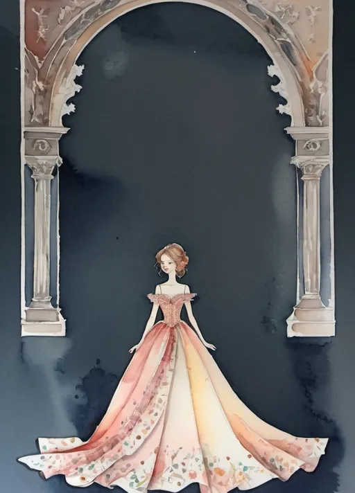 Prompt: young girl, long beautiful dress, a lot of details, high quality, standing straight, arms to the sides, paper doll, watercolor,