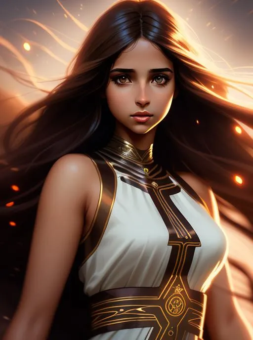 Prompt: Brown long Hair Attractive Female Character with Air Magic, Naomi Scott, Elegant, Romantic, HDR, High Definition, cinematic, deep shadows, wearing tribal cueitl, dynamic light, hyperrealism, definition, glowing eyes, facial symmetry  by Ilya Kuvshinov