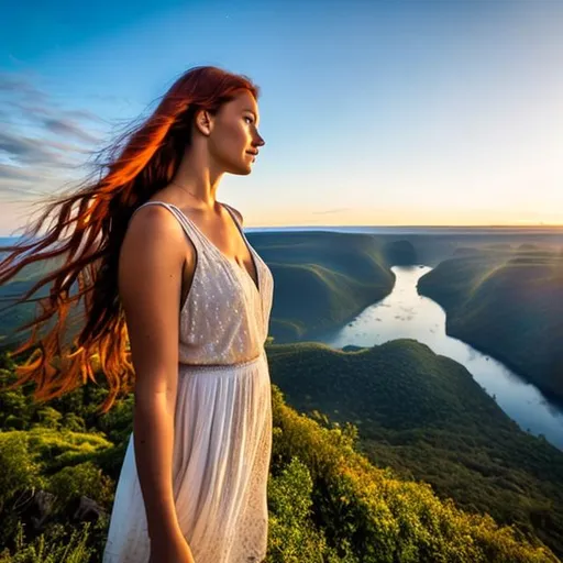 Prompt: A close-up of a young woman with flowing auburn hair stands at the edge of a cliff, overlooking a vast fantasy landscape. The horizon is dotted with floating islands, each with its own unique ecosystem. Luminescent creatures fly around her, their wings shimmering with iridescent colors. In the distance, a majestic waterfall cascades from a floating island, creating a rainbow mist. The woman wears a flowing white gown that seems to merge with the elements, reflecting the colors of the sky during sunset. The scene captures the essence of a digital photograph, inspired by the works on Art Station and the dreamy landscapes of Studio fairy tale films. Shot with a 70 mm lens, the view is from a high angle, emphasizing the vastness of the landscape. The image boasts a high resolution with highlighting, highlighting the vivid colors of the fantasy world. Rendered with Octane, the scene has a cinematic feel to it. the women have straight long brown hairs and her back is so slim