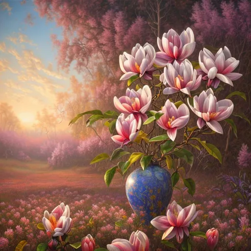 Prompt: A breathtaking, ultra realistic and highly detailed oil canvas painting by Benjamin Styer of a meadow during sunset, eight magnolias blooming in a big psychedelic designed vase right in the middle, colorful, exquisite, masterpiece, award winning, 4K, album cover