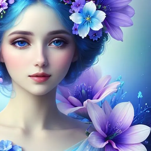 Prompt: beautiful woman, ethereal,dreamscape,, pale blue colors, flowers, closeup