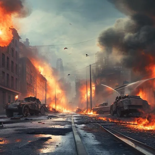 Prompt: Late tall 1900s buildings on fire millitary tanks war 1940s metal wrecked cars broken cracked road high resolution 4k daytime nice weather light blue sky 