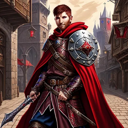 Prompt: Red cleric shield male portrait baldurs gate Cloak  high detail human dnd 5e city background