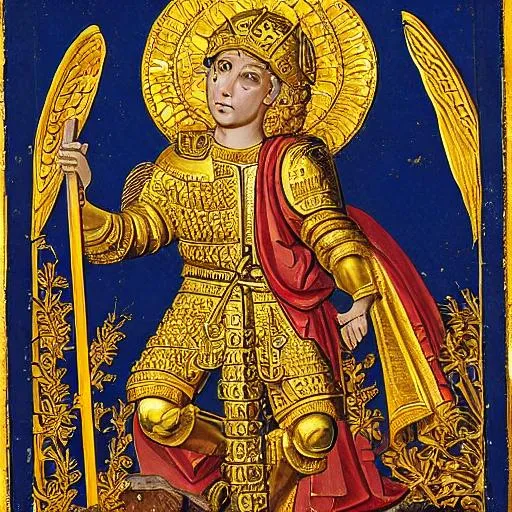 Prompt: Michael the Archangel wearing golden armor carrying sword of roaring fire