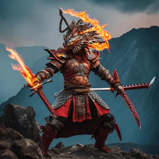 Prompt: a warrior with flaming scales with swords in its mouth on mountain 