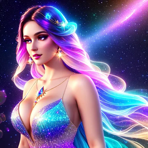 Prompt: Beautiful ethereal goddess, magic, ((wearing diamantine dress)) ((bright dark multi coloured galaxy straight hair)), glowing, trails of light, wisps, slight sparkles, outer space, unreal engine 8k octane, 3d lightning, stellar, quartz, gem rain, soft white skin, luminous chest, fantasy