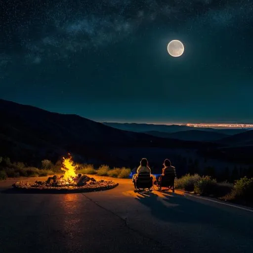 Prompt: long wide view photo highway, quiet, night, starry sky, full moon, serene atmosphere with the silhouette of the hills seen in the distance people who were sitting by the fire ultra hd