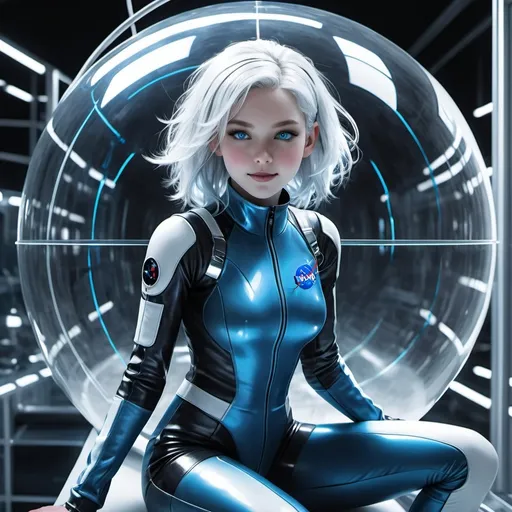 Prompt: A young teenage android girl, wearing blue NASA jumpsuit, with solid obsidian glass eyes, inside a glass containment orb, messy unruly white hair, pure white porcelain like skin, white painted eyebrows, calmly looking around, bemused smile, sitting crosslegged, inside secret government lab, wires and monitors stuck to outside of orb. Dynamic pose,