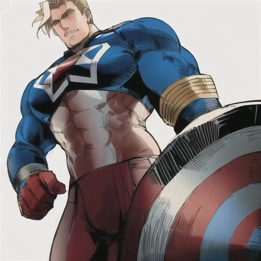 Prompt: Captain Might combines the iconic visual elements of both Captain America and All-Might, creating a visually striking and powerful character.

Captain Might has a muscular and imposing physique, similar to All-Might, with a tall and broad build. He wears a modified version of Captain America's patriotic suit, incorporating elements of All-Might's costume design. The suit is predominantly blue, with red and white accents, and features a prominent star symbol on the chest, representing Captain America's shield. The suit also incorporates bold white stripes that extend from the chest to the shoulders, reminiscent of All-Might's muscular patterns.

Captain Might's shield is a hybrid of Captain America's iconic circular shield and All-Might's symbol. It features a star design in the center, surrounded by All-Might's smiling face. The shield is a representation of both characters' resilience, strength, and unwavering spirit.

In terms of his overall appearance, Captain Might wears a blue helmet with a white wing-like structure on either side, inspired by Captain America's helmet design. He also wears a red, white, and blue cape that flows behind him, symbolizing his heroic presence and representing both characters' commitment to justice and protecting the innocent.