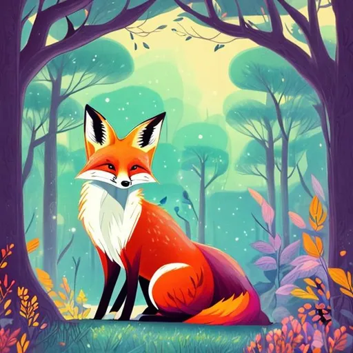 Prompt: Beautiful illustration. Magical, colorful, serene. A fox in a forest.