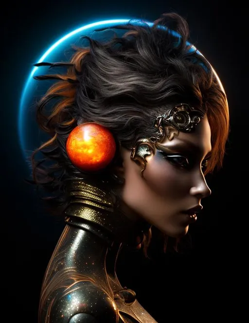 Prompt: An Alien, a stranger, an exotic princess from Tau Ceti. Starlight. Translucent, holographic, airy, light. Wild, unbridled, impulsive. Orange, bronze, gold, and black. mixed media in the style of Boris Vallejo and Luis Royo. Brown-blond hair. Hair straight, shaggy, thin, and windswept. Detailed hair. Curls at the forehead.  Their right eye is half covered by a hairpin. Eyebrows thin. (((Eyes green and blue))), almond-shaped. Nose straight, thin. Lips half open. Lips natural color. (((Stardust on cheeks))). The left side of the face 60% covered with (((tattoos))) and (((implants))). Tattoos, implants bronze and gold. Implant thin lines. Detailed tattoos, implants. (((Head and face portrait.))) Digital 3D Art, perfect composition, beautiful detailed intricate crazy detailed octane render trendy art-station, 8 k art photography, photo-realistic concept.