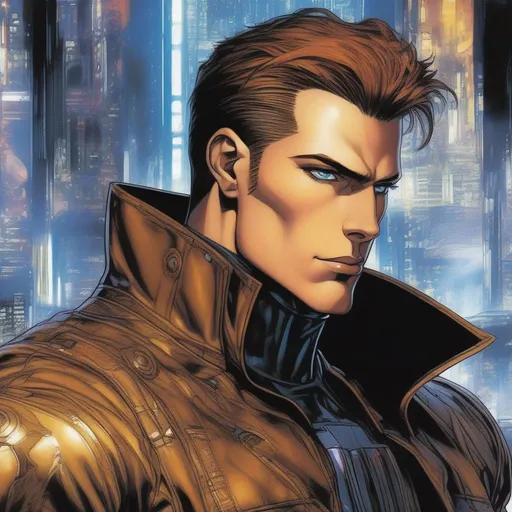 Prompt: A masculine scifi european cyborg soldier. very short bright brown slicked back pompadour undercut hair with shawed sides and light chestnut highlights, round face, broad cheeks, glowing eyes, scarred face, wearing a black retro futuristic leather jackett with armour underneath, Ghost in the shell art. Masamune Shirow art. anime art. Leiji Matsumoto art. Akira art. Otomo art. 2d. 2d art.