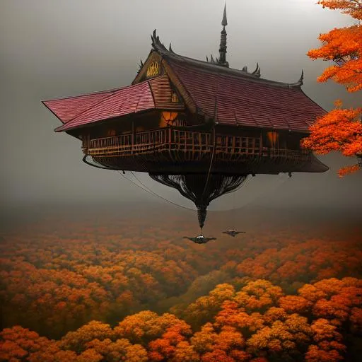 Prompt: surreal concept art of a strange winged cabin flying in an autumnal forest, foggy, gloomy, lots of details, intricate scene, correct, digital painting, fine tuned,  64k