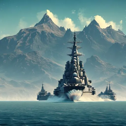 Prompt: a mountain view across a sea with a battleship on a sunny day