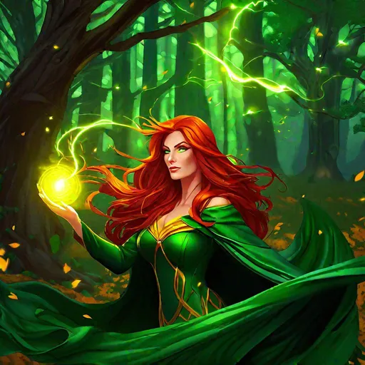 Prompt: stylized modern comic book cover, of a beautiful sorceress, casting a yellow spell, in her 40s under a green cloak with long wavy red hair hair and glowing green eyes, intricate, seductive, Dark Fantasy, Nature, Fae, Old Forest, wide shot, Surrealist, Anime, DeviantArt, artstation, Midjourney, cgsociety, digital art, vibrant colors, seductive, symmetrical, vivid, tone mapping, colorgrading, HD, sharp focus, natural lighting, soft shadows, chromatic aberration, depth of field, Toni Infante, marvel