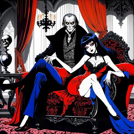 Prompt: Junji Ito manga style Black and White, Elvira Mistress of the Dark lying on her side on a Chaise Lounge with John Carradine next her), baroque style, dark color scheme, elegantly gothic attire, intricate details, dim lighting, dramatic shadows, opulent background, luxurious textures, ornate furniture, deep reds and blacks, baroque patterns, solemn atmosphere, rich color tones, dark romanticism, ultra-detailed, 4K, photorealistic masterpiece, timeless elegance.