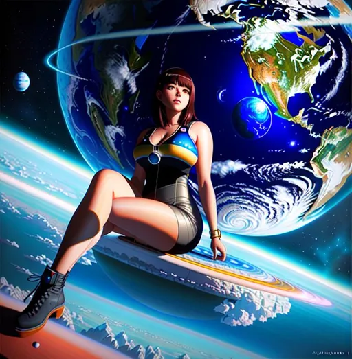 Prompt: oil painting of a colossal, giant  woman  sitting top of a miniature planet earth in space, a hyperrealistic painting by Ilya Kuvshinov, cgsociety, photorealism, ilya kuvshinov, cityscape, anime aesthetic