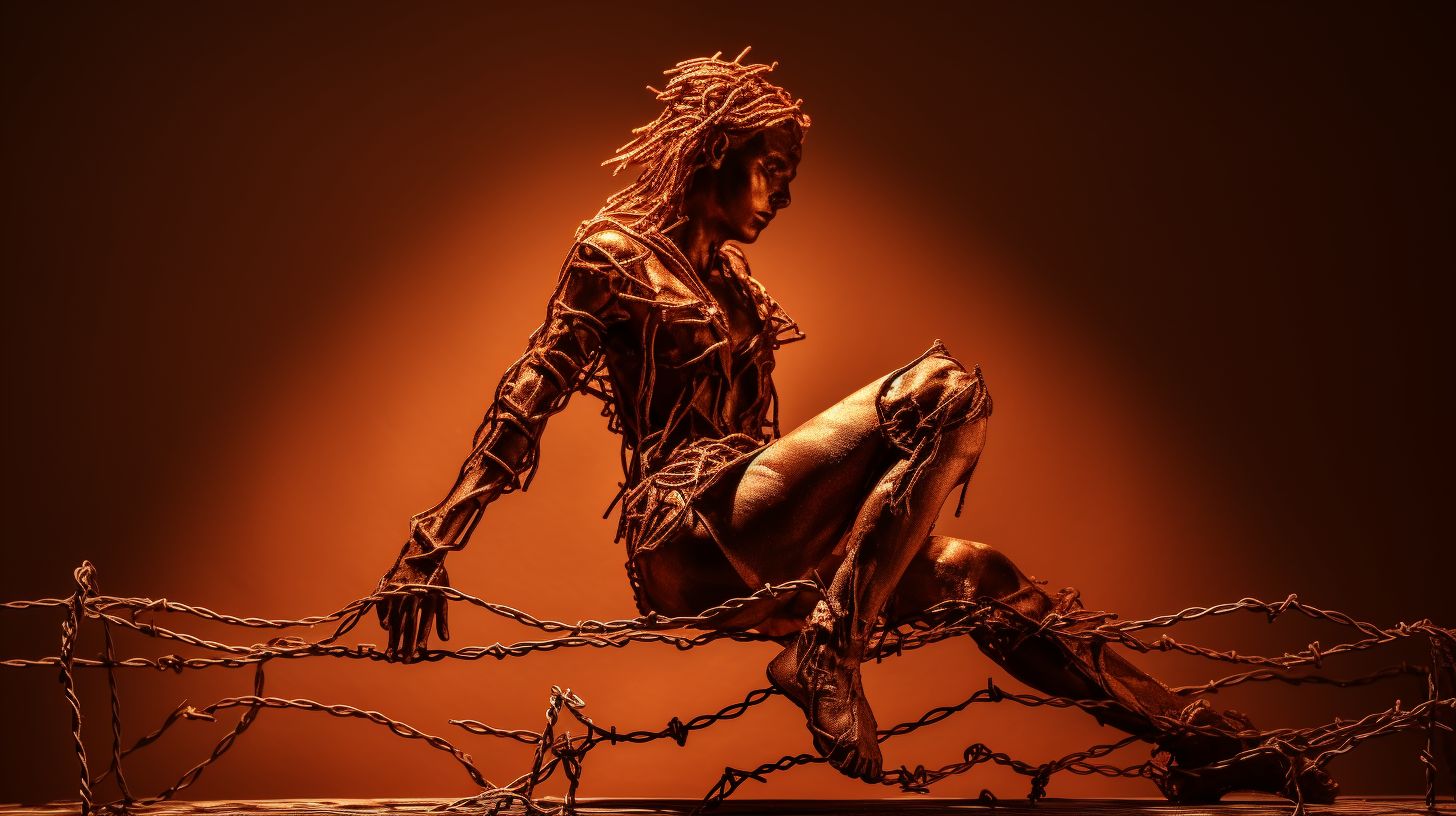 Prompt: artistic raw photo style of a barbwire copper human figurine, with dramatic lighting, shadow play, and a creatively arranged background to enhance the artistic feel, focusing on the intricate details and textures