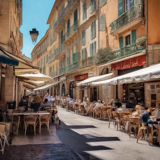 Prompt: market street WITH CAFES in french riviera, photography,