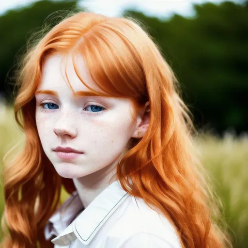 Prompt: Ginger, turned up small nose, sorrowful, crying woman, very long wavy ginger thin dry hair, a lot of ginger freckles, thin, 23 yo, shy, sad, pale skin, Norwegian, detailed hair, intricated hair, thin lips, cute face, pure, (white open shirt), sun from behind, sun on hair, 18 years old, thin, emotions.

Nature, spring, fresh air, blue sky, sunlight, sunrise, bloom, flowers, forest, waterfall, rocks

Ultra high definition, realistic picture, detailed, intricated, 4K, 8K, wallpaper, award winning