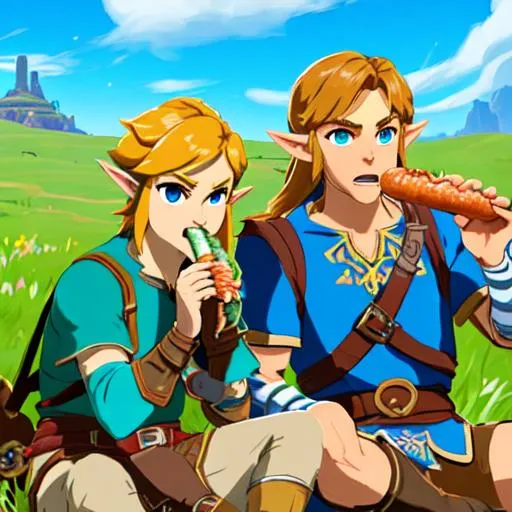 Prompt: Zelda breath of the wild with link eating a hotdog with musturd