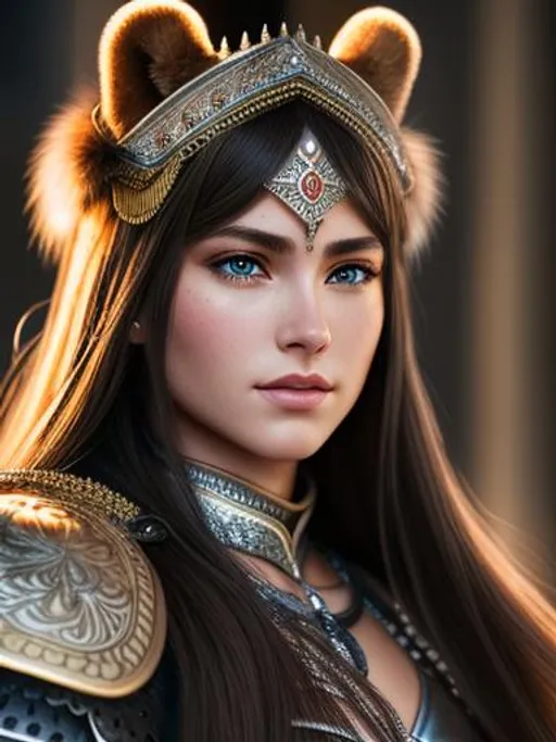 Prompt: long shot super detailed lifelike illustration, intricately detailed, dramatic lighting, large muscles, gorgeous detailed face, wearing armor, girl with long fur  in the paris