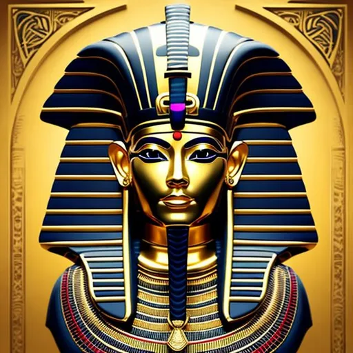Prompt: Create a detailed illustration of the King Tut mask, made of solid gold with a serene expression, almond-shaped eyes outlined in black, and a nemes headdress with a cobra emblem. The forehead features a vulture and a cobra forming a protective arch, while the neck is decorated with a broad collar with a falcon-headed scarab. The ears have gold earrings with a hoop and a uraeus. The illustration should capture the opulence and grandeur of the pharaoh.