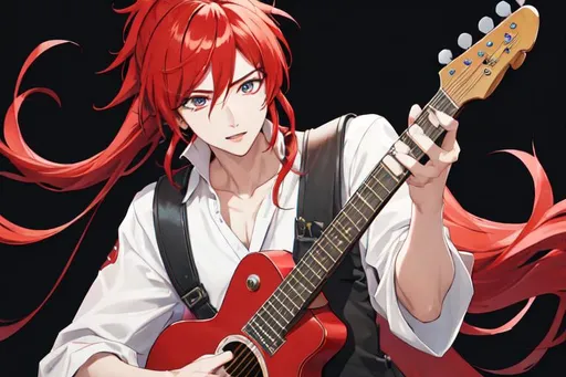 Zerif 1male Red sideswept hair covering his right eye playing his guitar 8K UHD best quality h