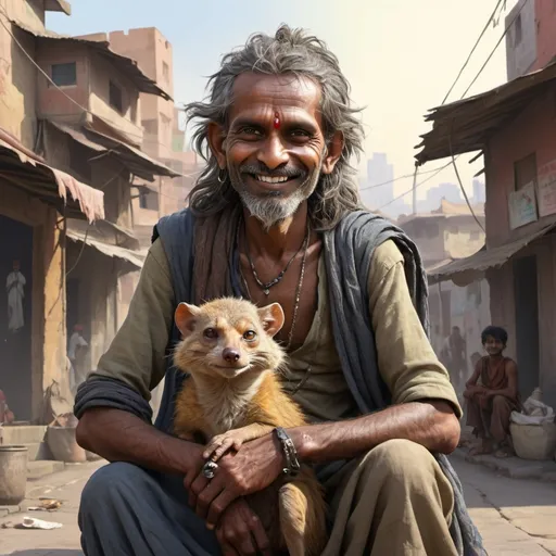 Prompt: Full body, Fantasy illustration of an indian beggar, 50 years old, unkempt appearance, ragged cloth, tangled hair, sly smile, and his cheeky pet mongoose sitting on the shoulder, high quality, rpg-fantasy, detailed, indian city background