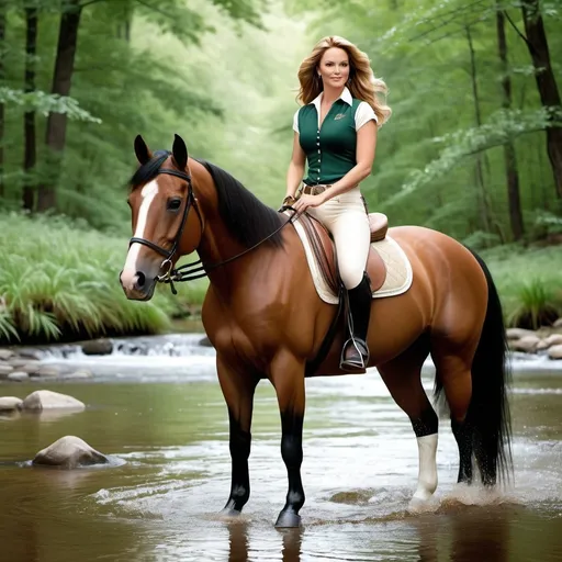 Prompt: Hyper realistic, photorealistic, extremely detailed. Full body shot but close enough so details can be clearly seen.
 A woman riding a horse by a stream in a wooded clearing. Woman is athletically built, with auburn hair with volume. Face has Cote de Pablos' eyes (Green) Jeri Ryan's mouth (smiling) and the rest is similar to Emma Watson's face. Body is similar to Linda Carter's. She is wearing a tight leather crop top, skintight cream-colored riding pants, and knee-high black riding boots. Horse is a large reddish-brown Chestnut thoroughbred with white socks and a white stripe on the nose.


