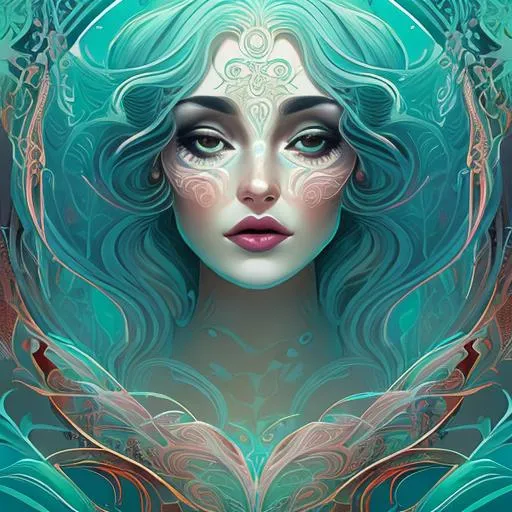 Prompt: illustration of a beautiful woman in her 30s, goddess of the fae, in the ocean, soft lighting, light rays through water, stylized with spirals, perfect symmetrical face, makup, Red and Teal tones, asymmetrical background, seductive, 24mm, creative bokeh, full body, intricate clothing, fantasy, artstation, very complex hyper-maximalist, overdetailed, 3d ray tracing, tribal, 8k resolution, Ultra-detailed 3D Octane Render, photorealistic, concept art, Sharp Focus, golden ratio, low-angle, intense shadows, intense lighting, splash screen, tonemapping.
