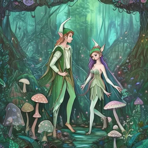 Prompt: There are an elf (he) and a fairy (she) who are in love and wearing aesthetic vintage clothes. They are living in their magical plantlike house which is like a big mushroom. There is a blue river across their house. They are living between the woods ( a fairytale jungle). Many aesthetic animals are there.