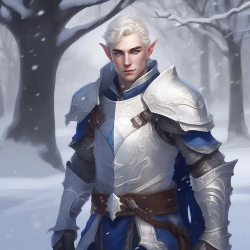 Prompt: DND a male elf with short wavy white hair and blue eyes wearing plate armor in a snowy park