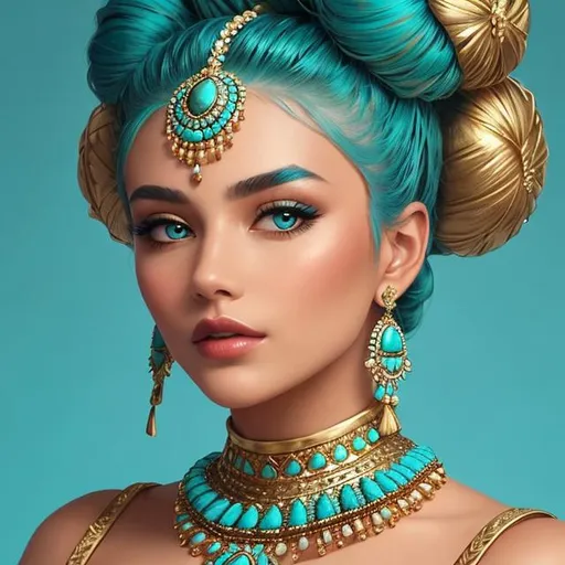 Prompt: An extremely gorgeous woman,  with top knots full of turquoise jewels, in color scheme of turquoise and gold